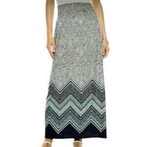 Maxi Skirt Sz XL Pull On Turquoise Gray ZigZag Design Stretch Straight Hem
